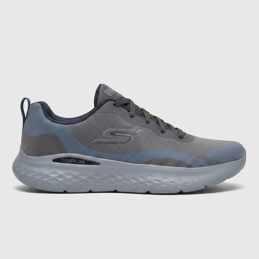 Skechers Men's Comfort Sneaker Go Run Lite in charcoal blue, featuring a mesh upper and a thick gray sole, viewed from the