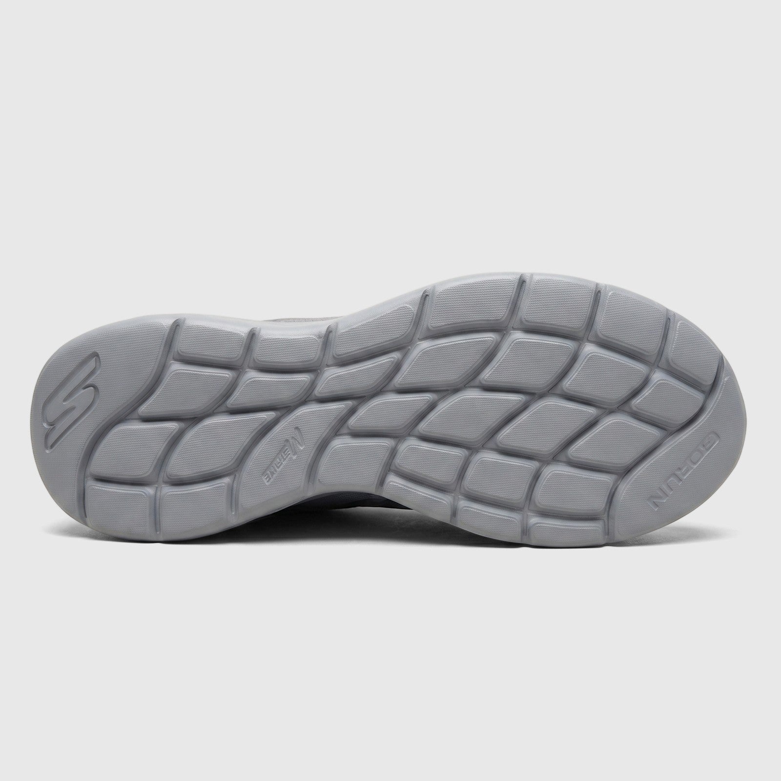 Bottom view of a Skechers Men's Comfort Sneaker Go Run Lite with a gray, patterned outsole and visible brand logos.