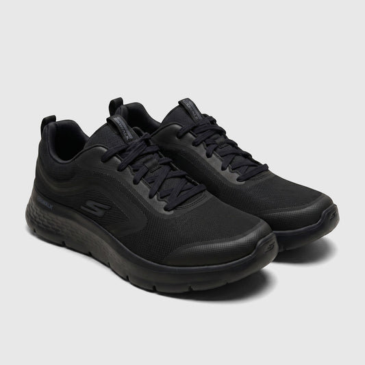 Black Skechers Men's Go Walk Flex comfort sneaker, model 216508, shown in a side profile view on a white surface.