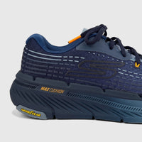Close-up of a navy blue Skechers Men's Comfort Sneaker Max Cushioning Premier 2.0 running shoe, side view.