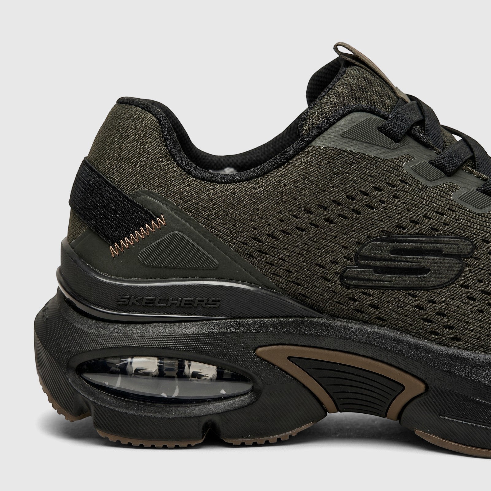 Side view of Skechers Men's Comfort Sneaker Skech-Air Ventura 232655 in olive black, featuring a mesh upper and
