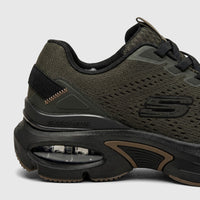 Side view of Skechers Men's Comfort Sneaker Skech-Air Ventura 232655 in olive black, featuring a mesh upper and