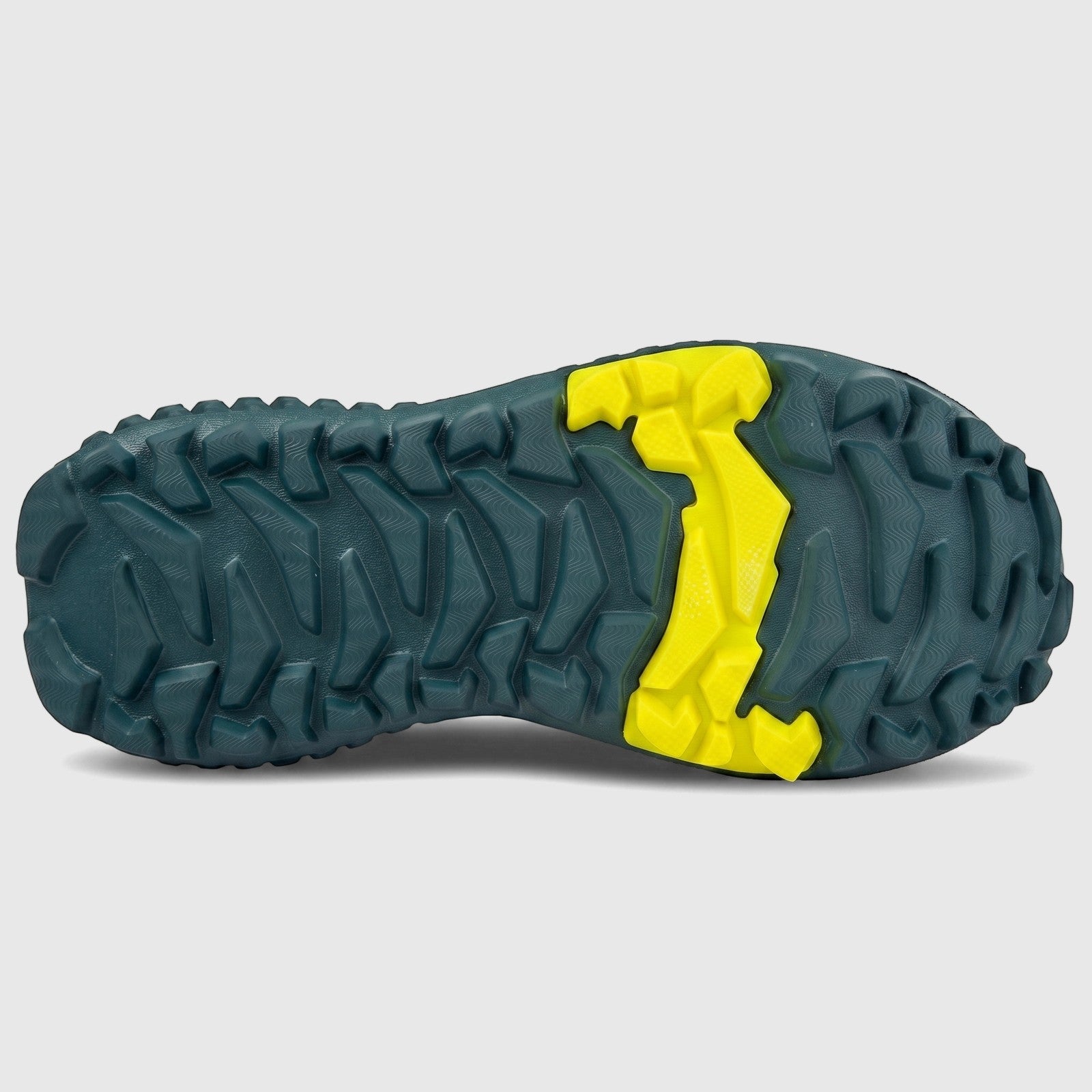 Sole of a Skechers Men's Comfort Sneaker with dark teal and bright yellow aggressive tread pattern, side view.