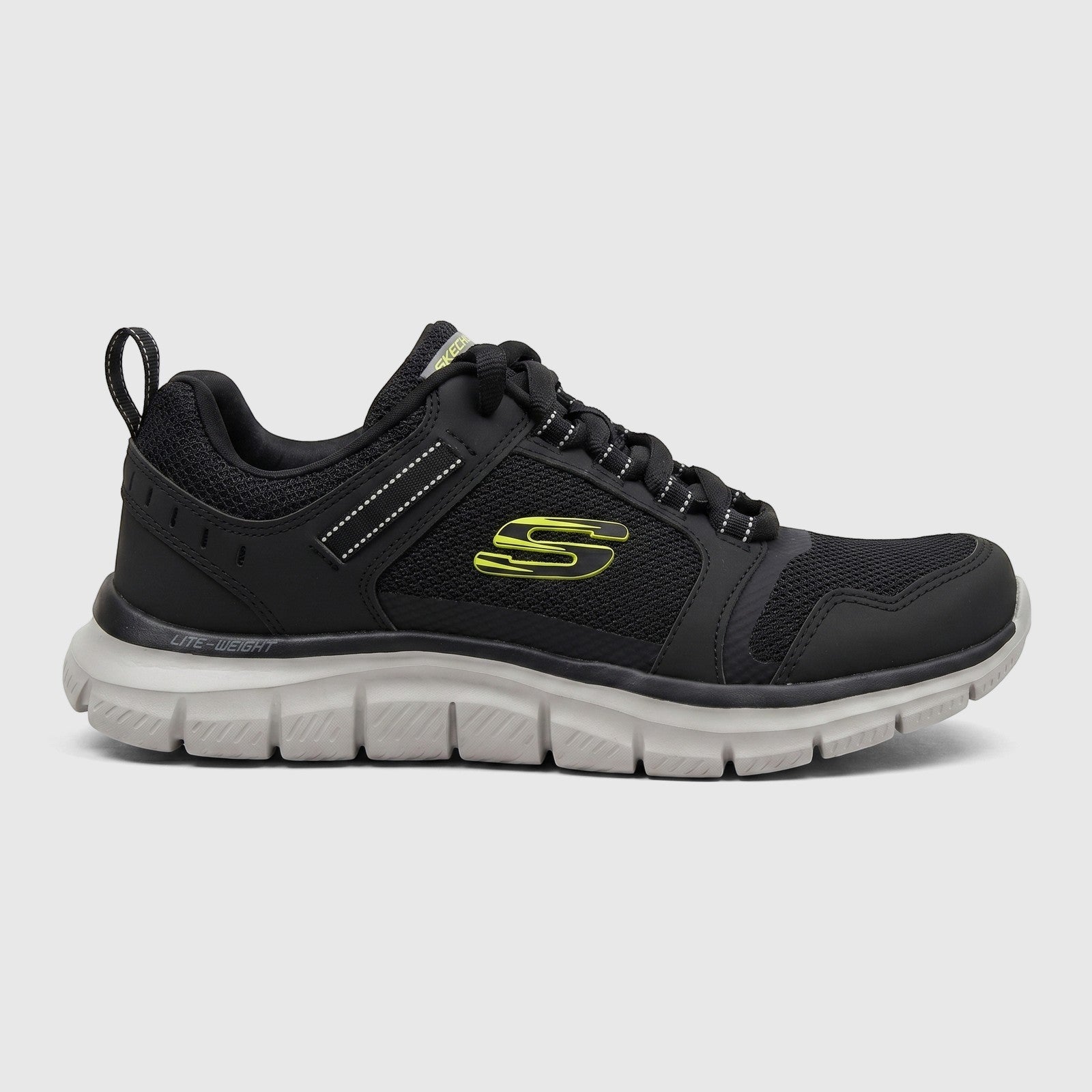 Skechers men's Track 232001 comfort sneaker in black and lime green. Features a mesh upper, lightweight grey sole, and