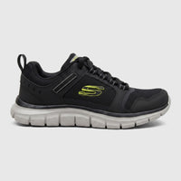 Skechers men's Track 232001 comfort sneaker in black and lime green. Features a mesh upper, lightweight grey sole, and