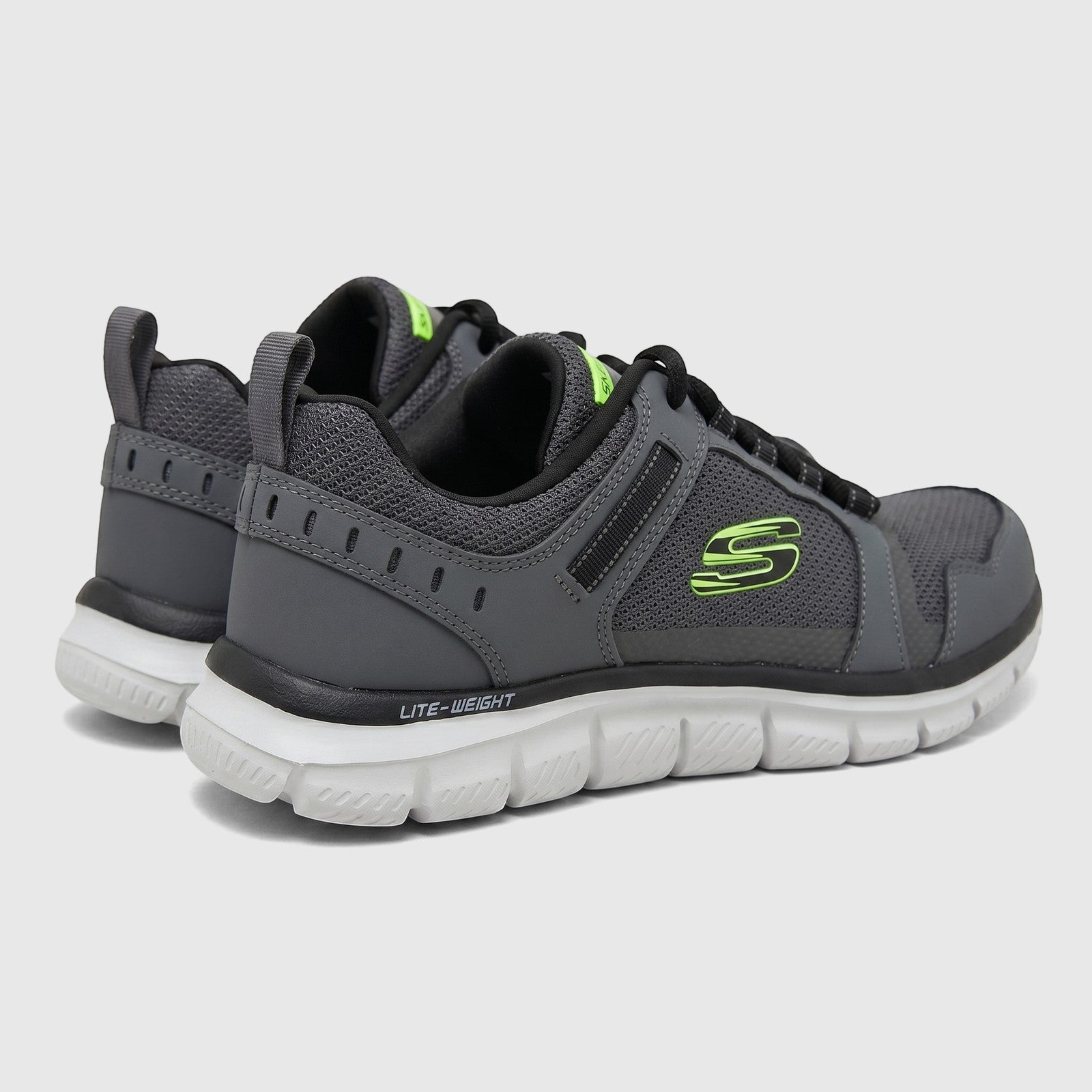 Charcoal grey Skechers Men's Comfort Sneaker Track 232001 with neon green accents, mesh upper, and lightweight white sole,