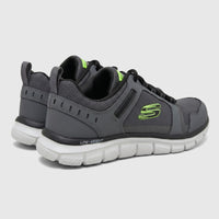 Charcoal grey Skechers Men's Comfort Sneaker Track 232001 with neon green accents, mesh upper, and lightweight white sole,