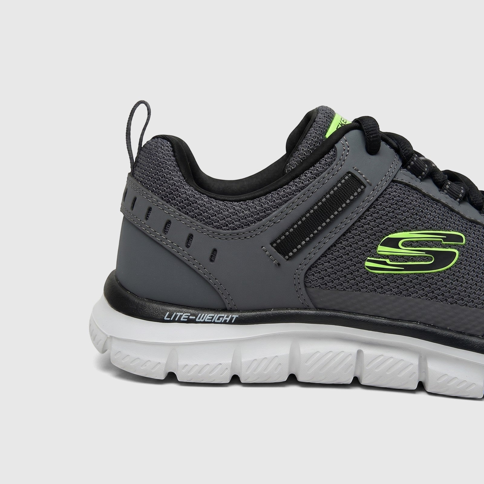 Skechers Men's Comfort Sneaker Track 232001 in charcoal black, with mesh upper, neon green logo, and Lite-Weight sole.
