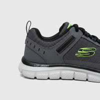 Skechers Men's Comfort Sneaker Track 232001 in charcoal black, with mesh upper, neon green logo, and Lite-Weight sole.