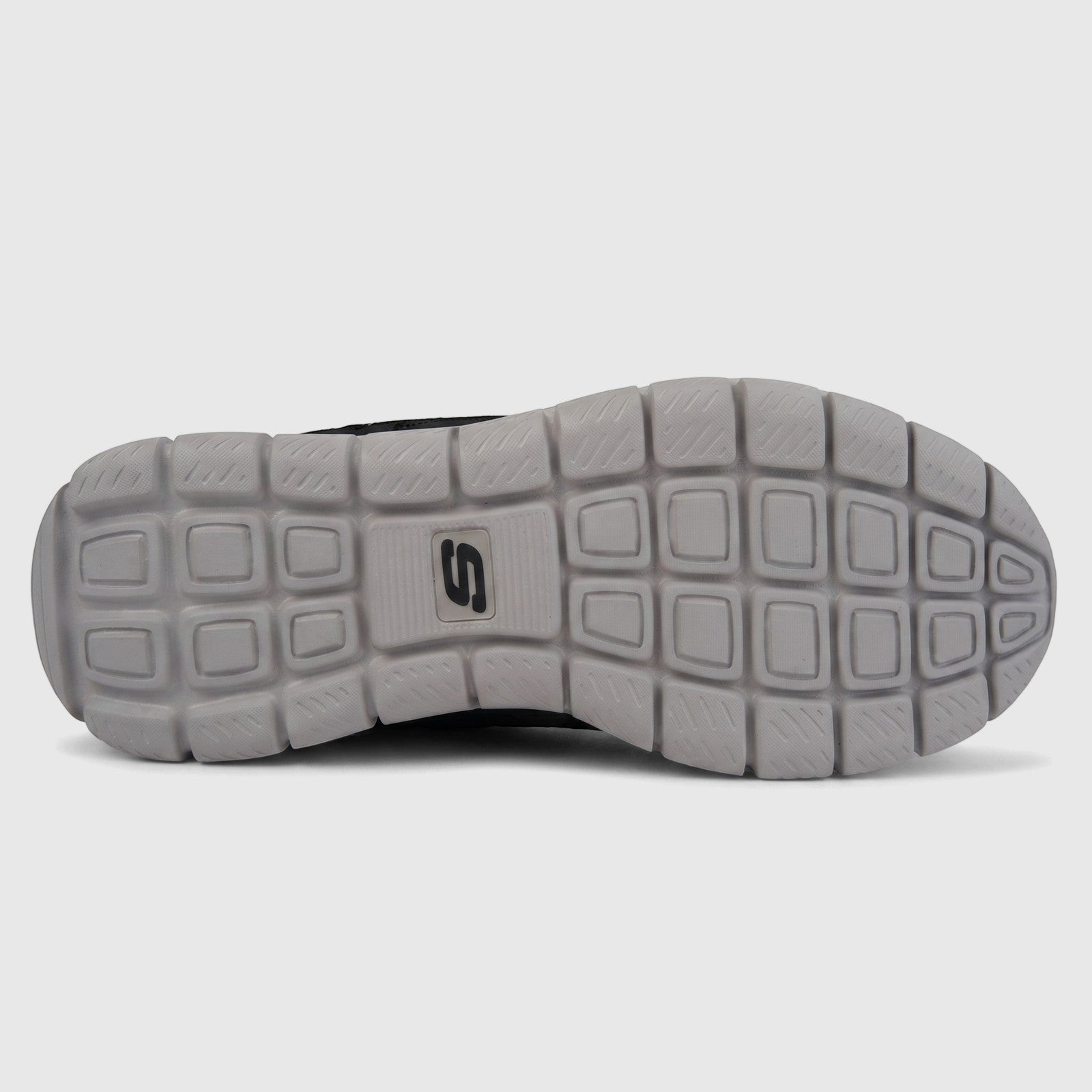 Bottom sole view of Skechers Men's Comfort Sneaker Track 232001, showing the grey sole with block tread pattern and black