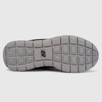 Bottom sole view of Skechers Men's Comfort Sneaker Track 232001, showing the grey sole with block tread pattern and black