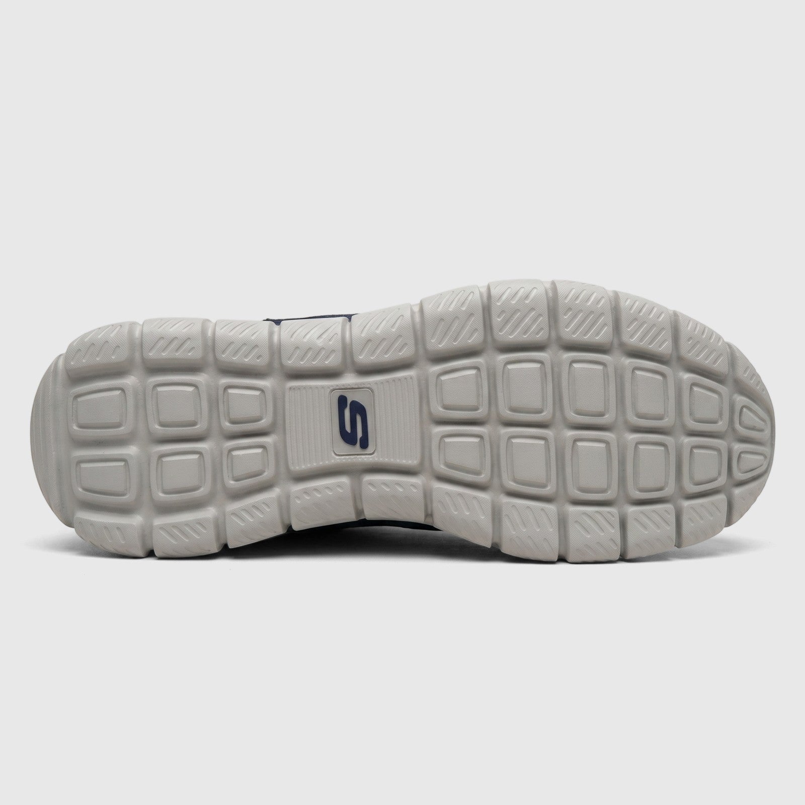 Bottom view of Skechers Men's Comfort Sneaker Track 232001 in navy orange, showcasing the gray sole with the S logo and