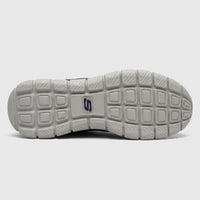 Bottom view of Skechers Men's Comfort Sneaker Track 232001 in navy orange, showcasing the gray sole with the S logo and