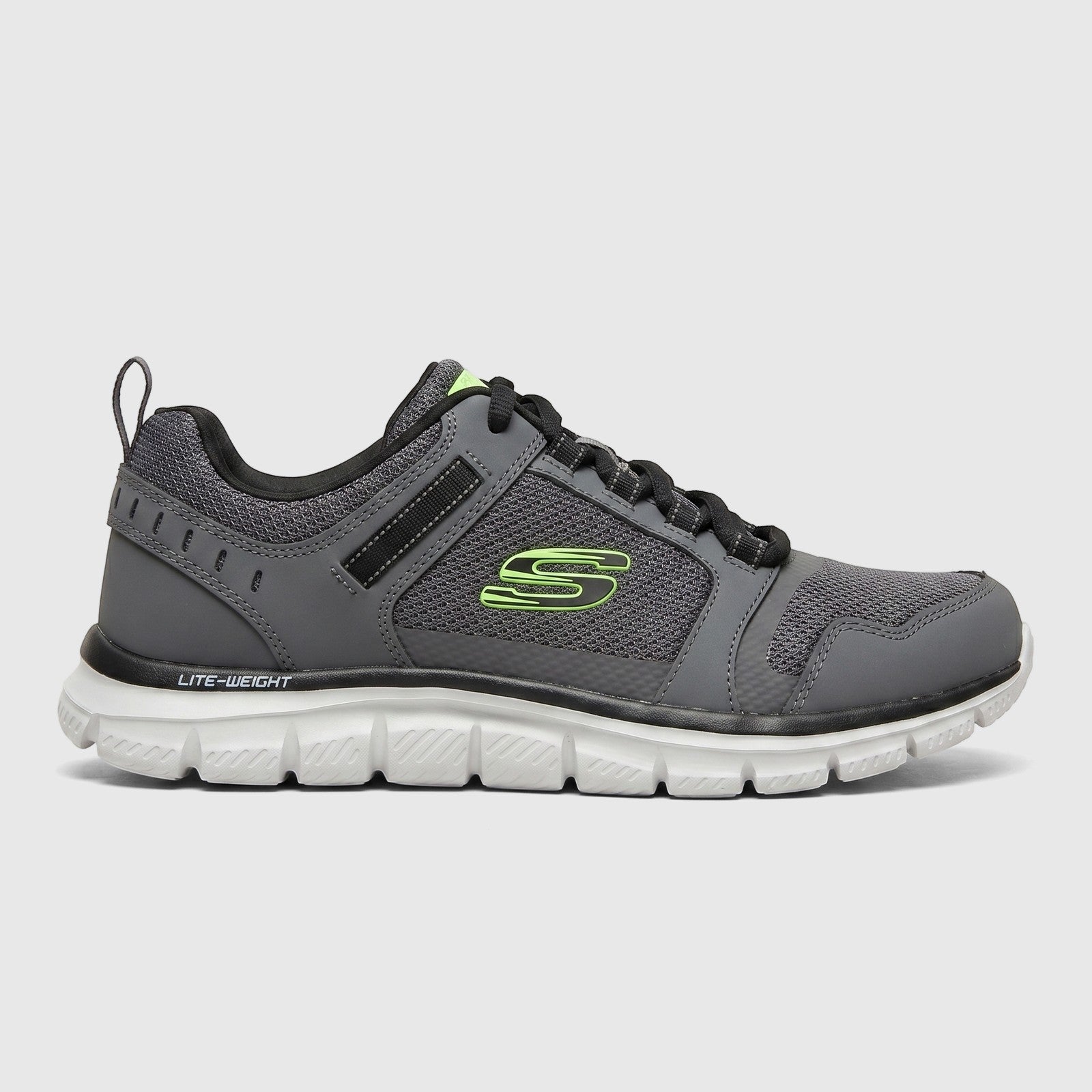 Skechers Men's Comfort Sneaker Track 232001 in charcoal black, featuring a mesh upper and white sole, viewed from the side.