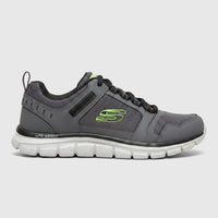 Skechers Men's Comfort Sneaker Track 232001 in charcoal black, featuring a mesh upper and white sole, viewed from the side.
