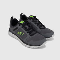 A pair of Skechers Men's Comfort Track sneakers in charcoal grey and black, shown from a slightly elevated side view.