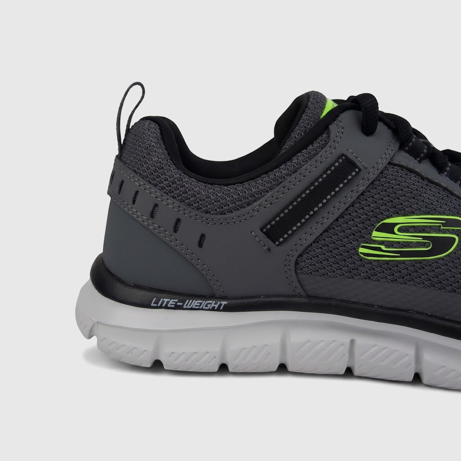 Skechers Men's Comfort Sneaker Track 232001 in gray and black with lime green logo, showing mesh upper and 'LITE-WEIGHT'