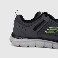 Skechers Men's Comfort Sneaker Track 232001 in gray and black with lime green logo, showing mesh upper and 'LITE-WEIGHT'