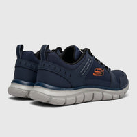 Skechers Men's Comfort Sneaker Track 232001 in navy and orange, shown from a rear-side view displaying Lite-Weight midsole.