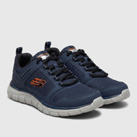 Pair of Skechers Men's Comfort Sneaker Track 232001 in navy blue and orange, shown at an angle.
