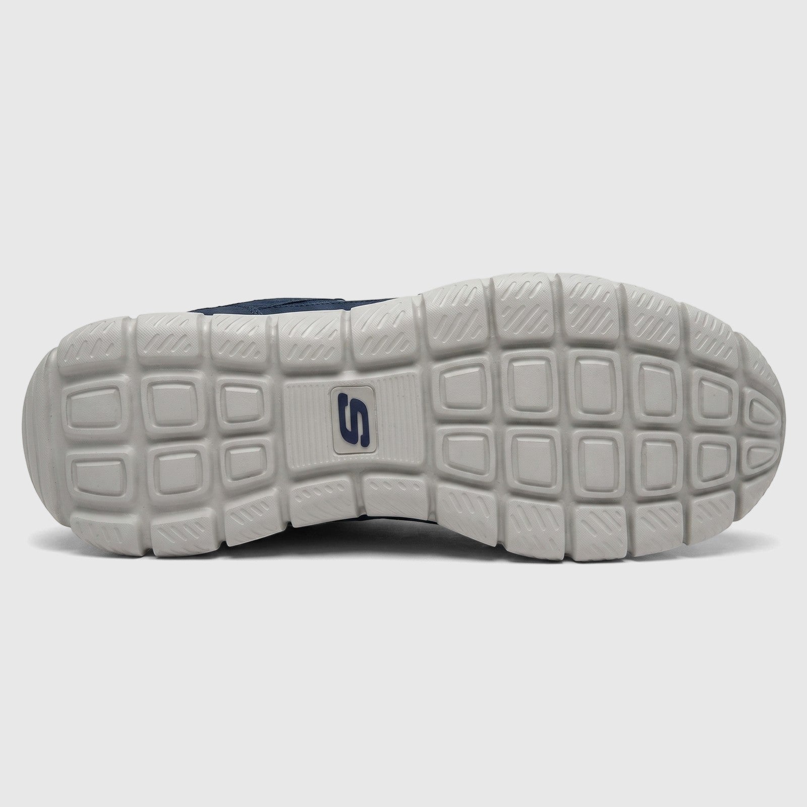 Skechers Men's Comfort Sneaker Track 232001, featuring the textured gray sole with a navy blue S-logo, captured from below.