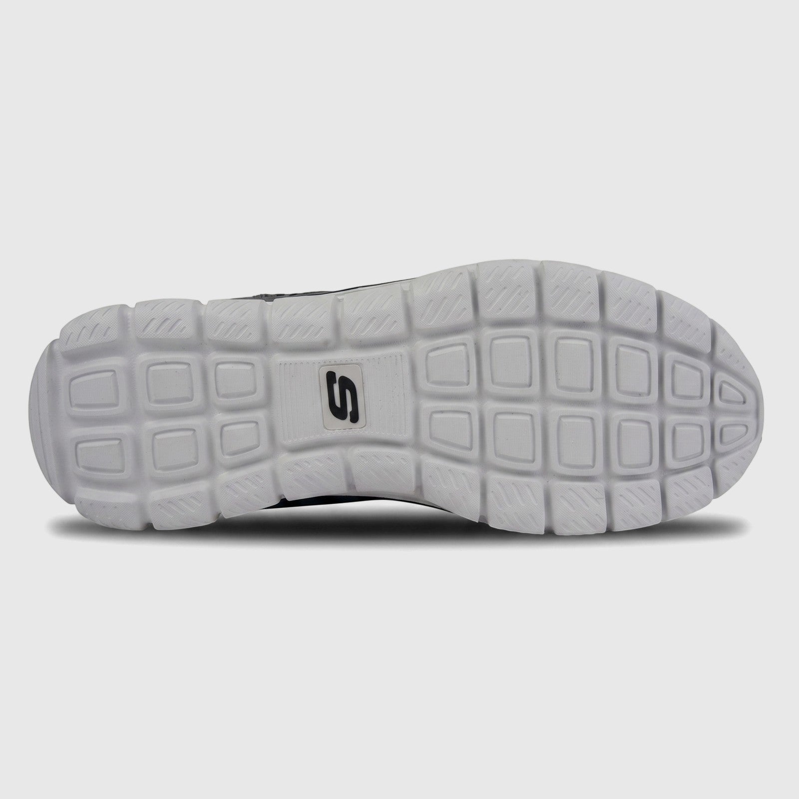 Skechers Men's Comfort Sneaker Track 232001 with white patterned sole and black S logo, viewed from below.