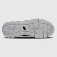 Skechers Men's Comfort Sneaker Track 232001 with white patterned sole and black S logo, viewed from below.