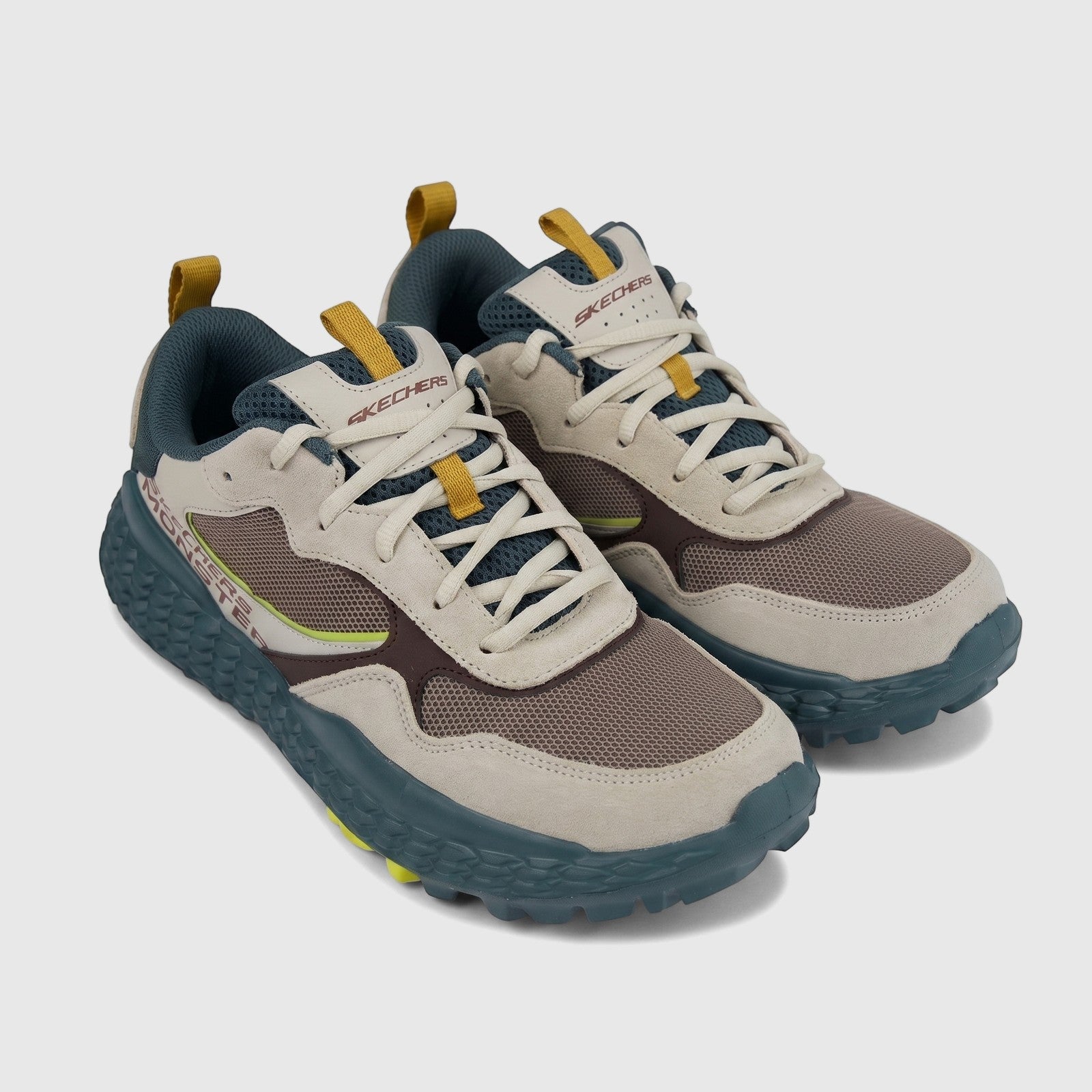 Pair of Skechers Men's Comfort Sports Sneakers 232191 in taupe, olive, and brown with yellow accents, displayed on a clean