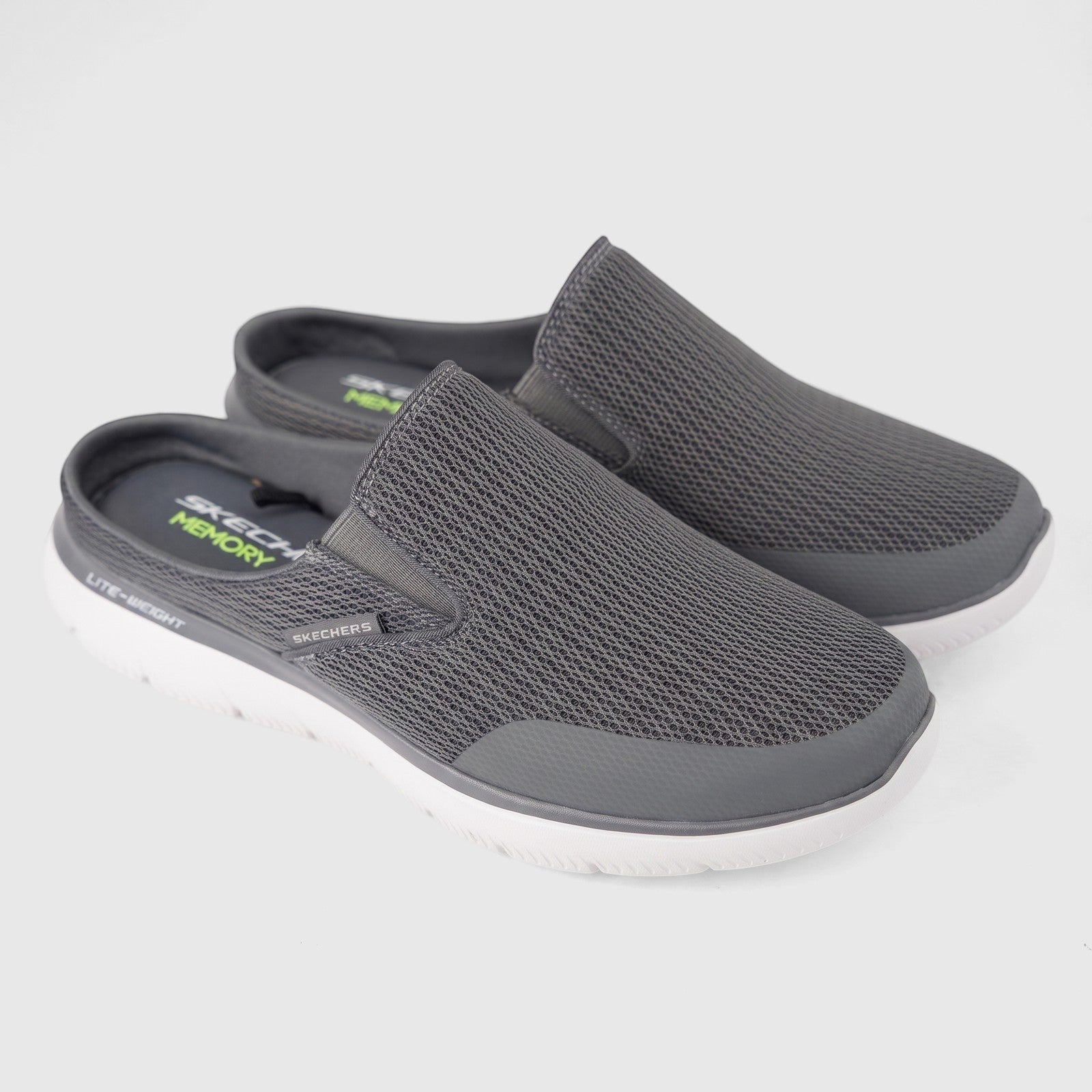 Skechers Men's Comfort Open Back Summits Vindicator slip-on shoes in grey mesh and white sole, side view.