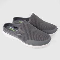 Skechers Men's Comfort Open Back Summits Vindicator slip-on shoes in grey mesh and white sole, side view.
