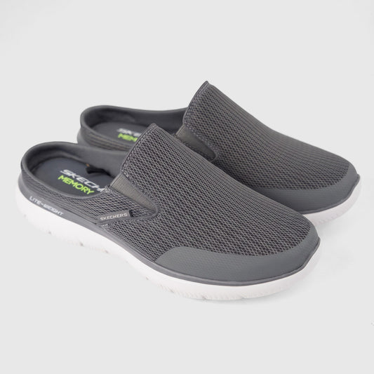 Skechers Men's grey comfort open back slip-on shoe, showing mesh upper and white lightweight sole from the side.