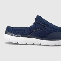 Skechers Men's Comfort Open Back Summits Vindicator slip-on shoe in navy mesh with a white lightweight sole.