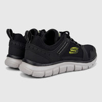 Skechers Men's Comfort Track sneakers in black with lime green accents, featuring a mesh upper and lightweight design,