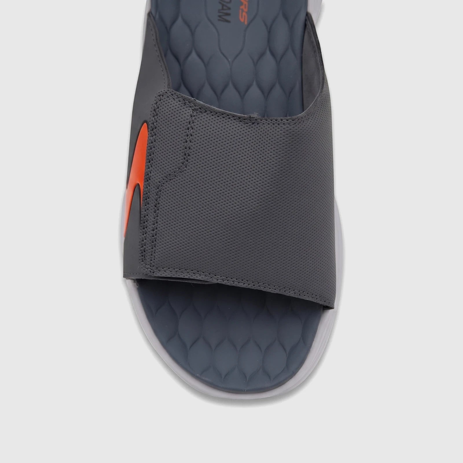 Skechers Men's Comfort Vapor Foam Sandal in grey with an orange accent, seen from a top-down view.