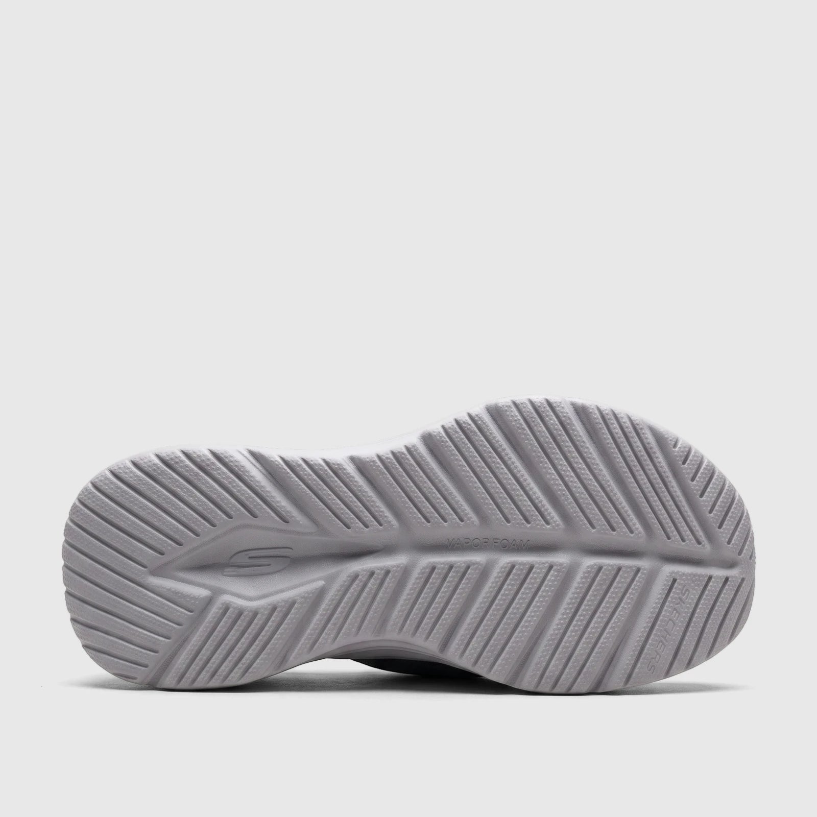 Skechers Men's Comfort Vapor Foam Sandal in grey, showing the textured sole with ribbed pattern and brand logo.