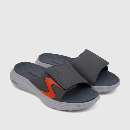 Side view of Skechers Men's Comfort Vapor Foam Sandal 232993 in grey with orange accent, featuring a white sole and