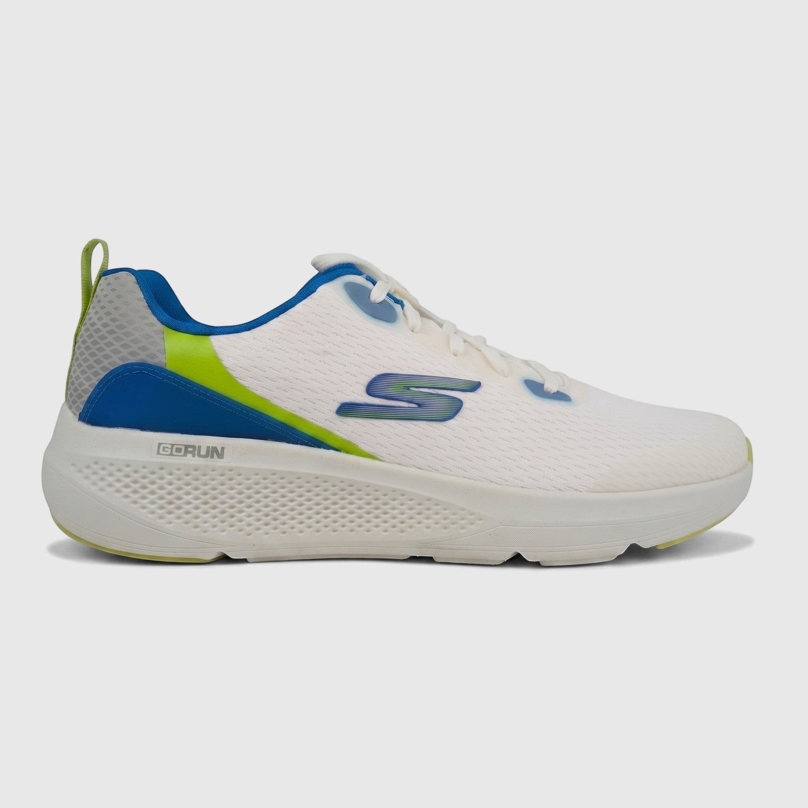 Men's Skechers Go Run Elevate 220189 comfort sneaker in white with blue and lime green accents, side view.