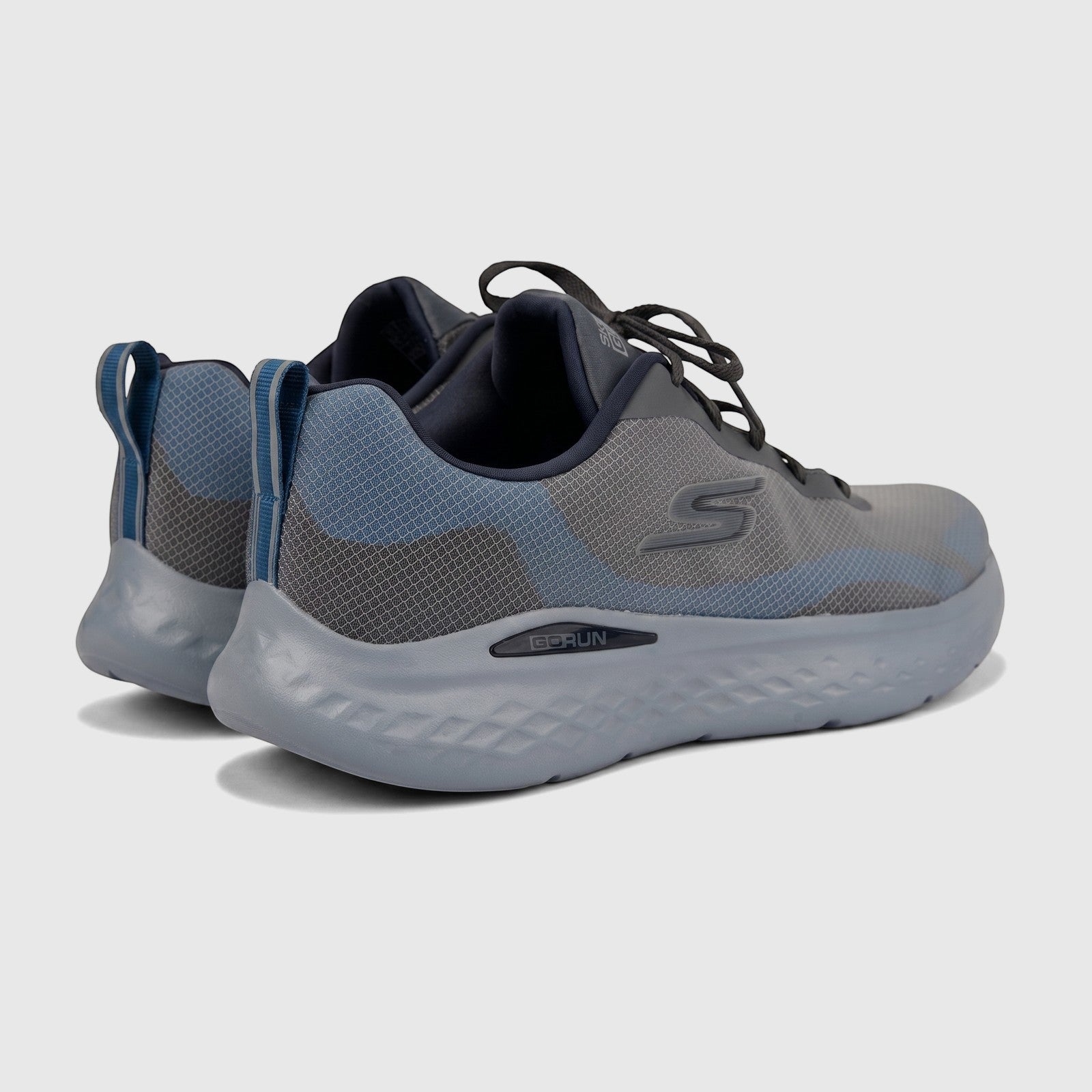 Skechers Men's Go Run Lite comfort sneakers in charcoal gray and blue, with mesh upper and textured sole, rear-angle view.