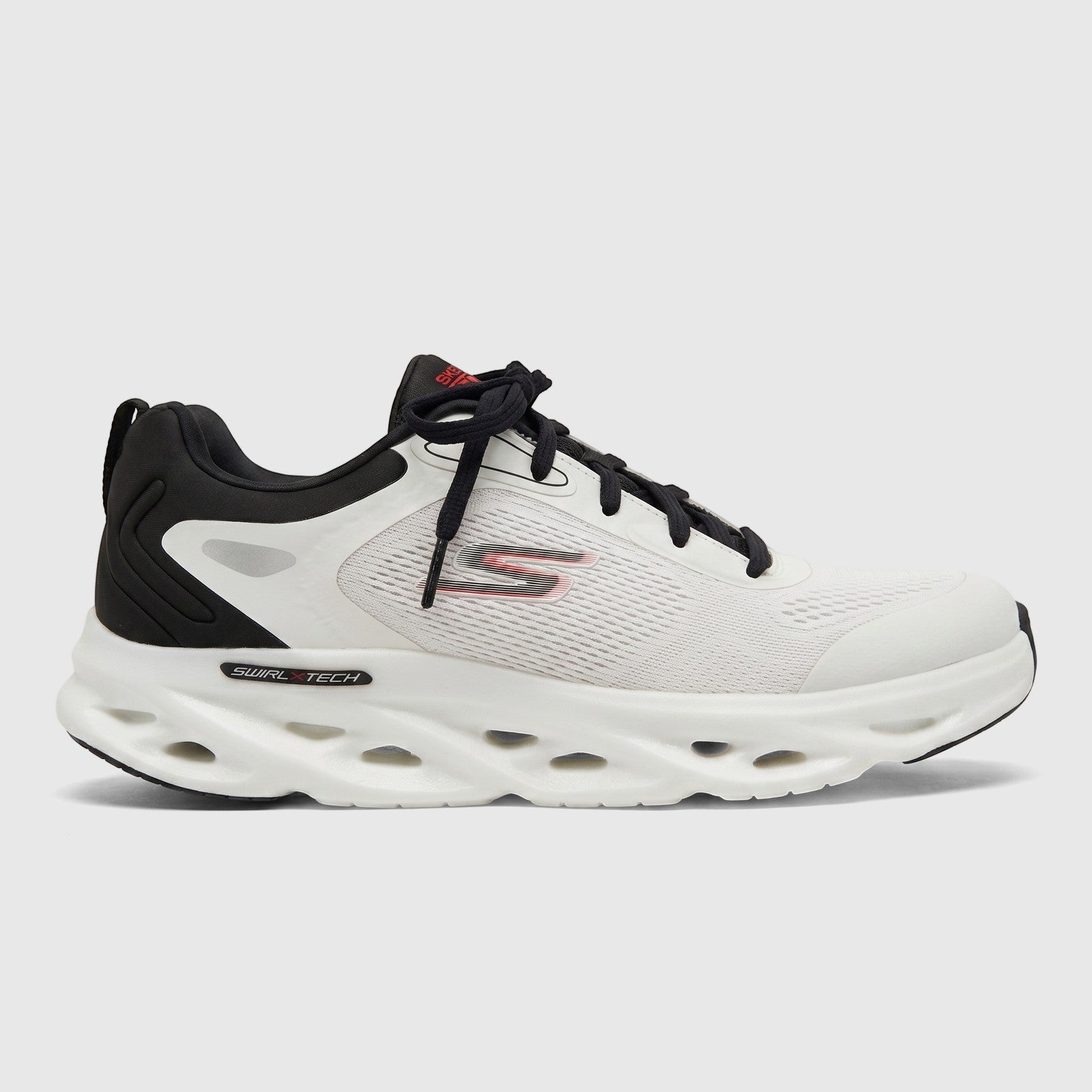 Skechers Men's Comfort Sneaker Go Run Swirl Tech Speed 220905 in white and black, side view. Features a distinctive sculpted