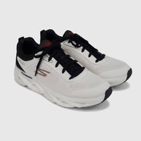 Pair of Skechers Men's Go Run Swirl Tech Speed 220905 comfort sneakers in white and black, shown from a slight high-angle