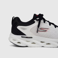 Skechers Men's Go Run Swirl Tech Speed comfort sneaker in white and black with black laces and sculpted sole.