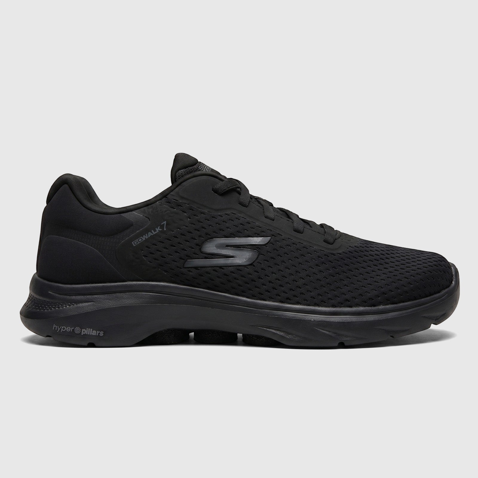Black Skechers Men's Go Walk 7 comfort sneaker, featuring a mesh upper and Hyper Pillars sole, shown from a side view.