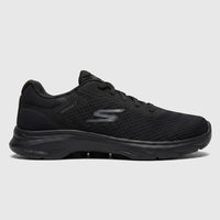 Black Skechers Men's Go Walk 7 comfort sneaker, featuring a mesh upper and Hyper Pillars sole, shown from a side view.