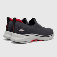 Skechers Men's Go Walk 7 slip-on sneakers in charcoal black with red accents, shown from a rear-quarter view.