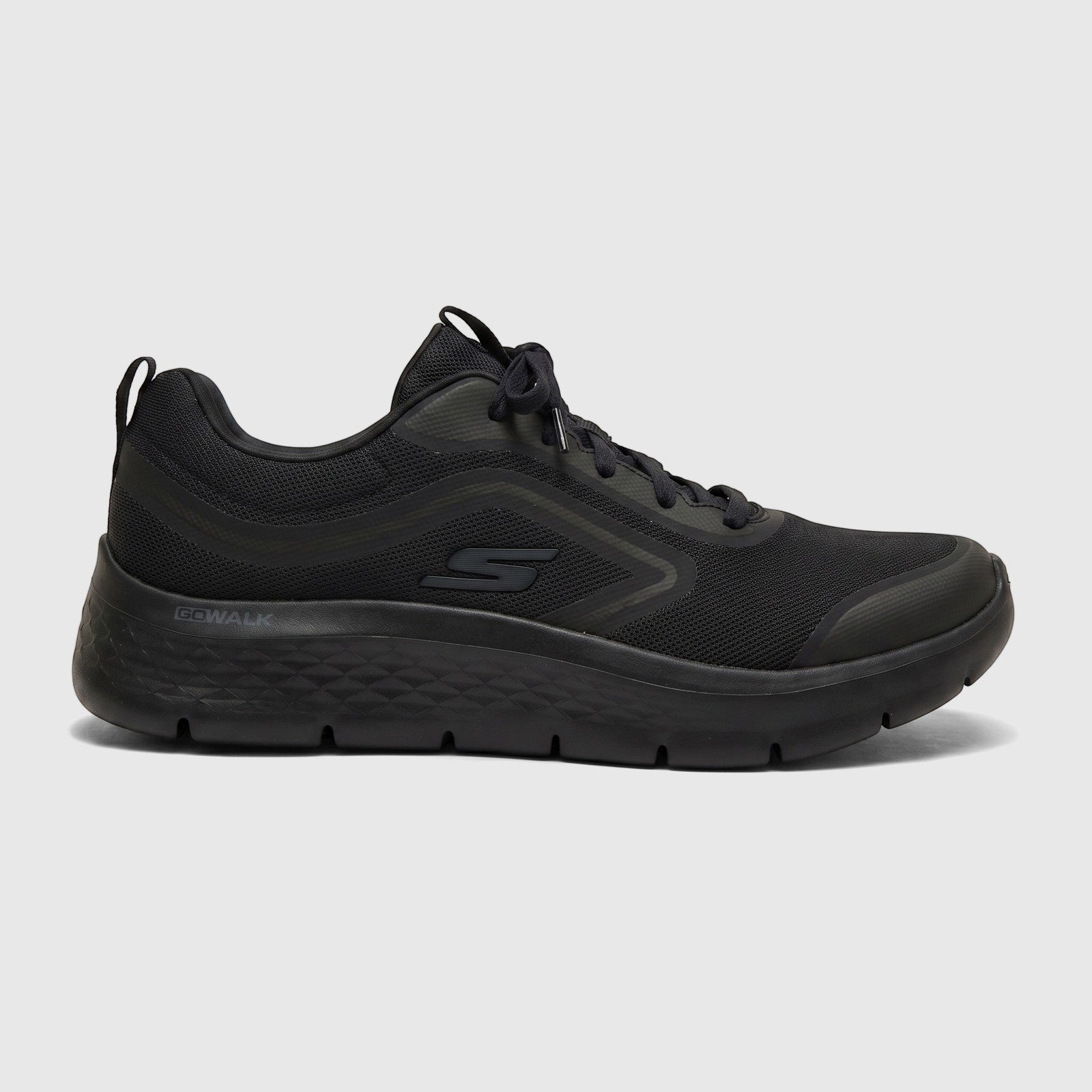 Black Skechers Men's Go Walk Flex comfort sneaker, model 216508, shown in a side profile view on a white surface.