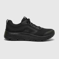 Black Skechers Men's Go Walk Flex comfort sneaker, model 216508, shown in a side profile view on a white surface.