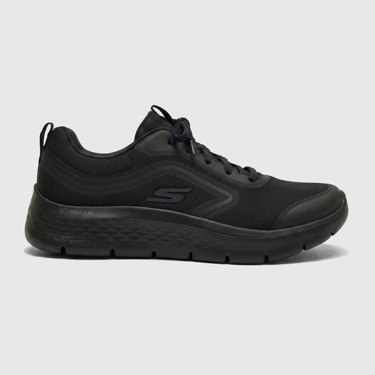 Black Skechers Men's Go Walk Flex comfort sneaker, model 216508, shown in a side profile view on a white surface.