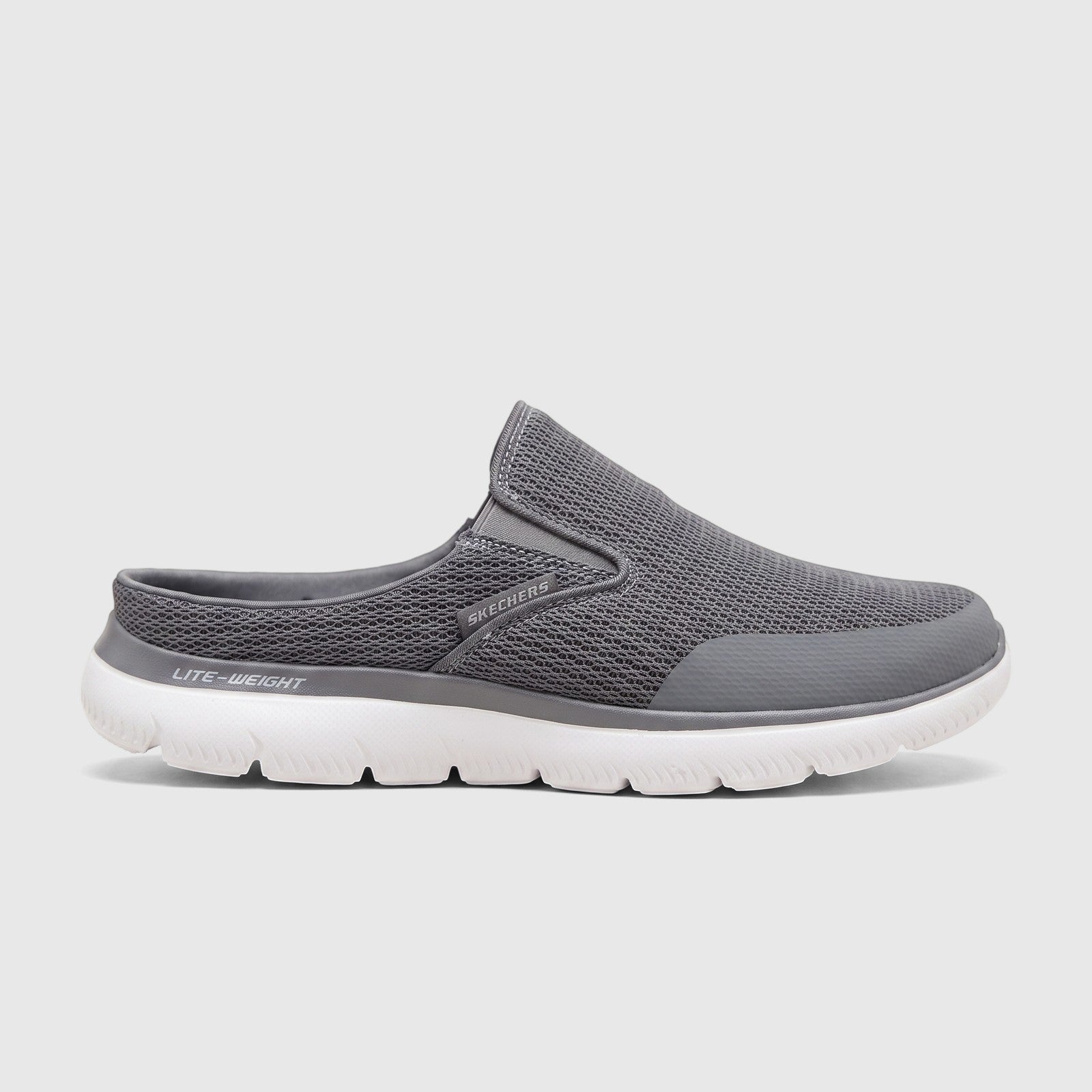 Skechers Men's grey comfort open back slip-on shoe, showing mesh upper and white lightweight sole from the side.