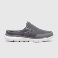 Skechers Men's grey comfort open back slip-on shoe, showing mesh upper and white lightweight sole from the side.