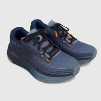 Skechers Men's Comfort Sneaker Max Cushioning Premier 2.0 in dark blue with orange laces, shown at an angle on a white
